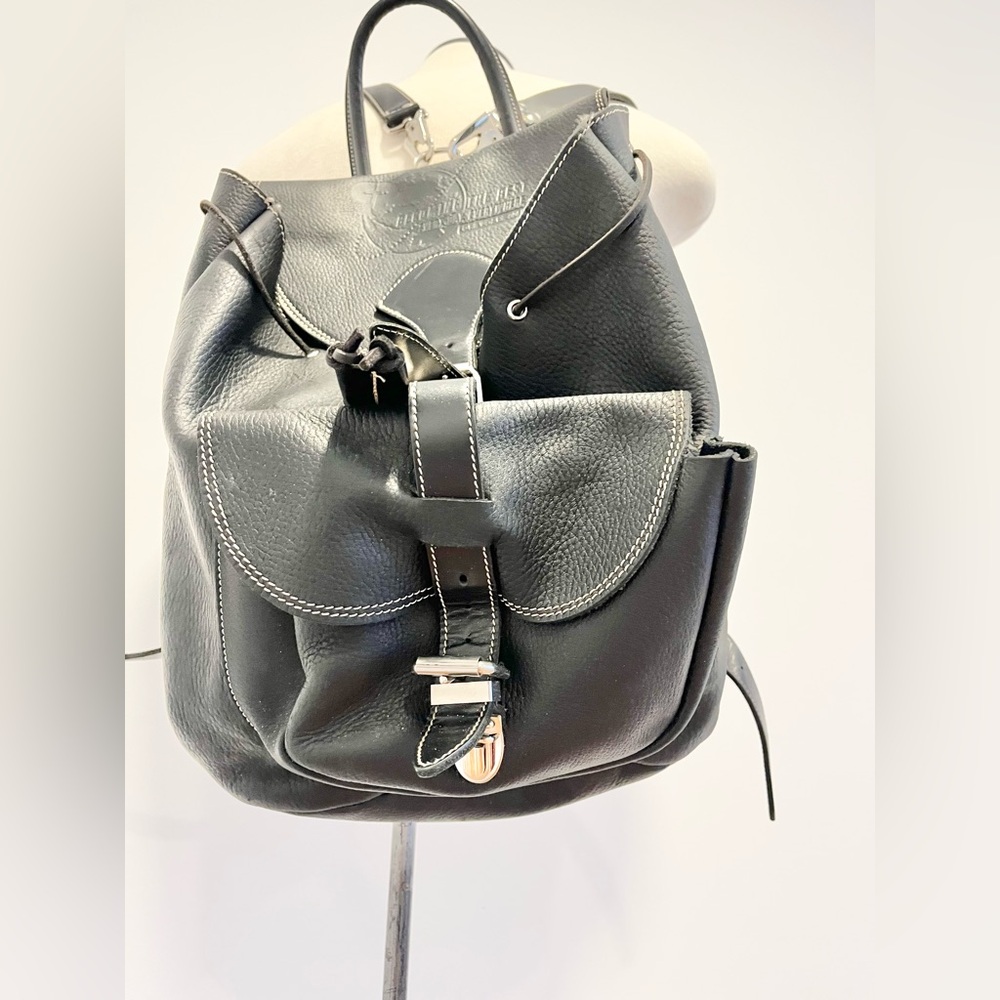 Roots Vintage Papa Alex Black Pebbled Leather Drawstring Knapsack Large Backpack - Picture 2 of 11